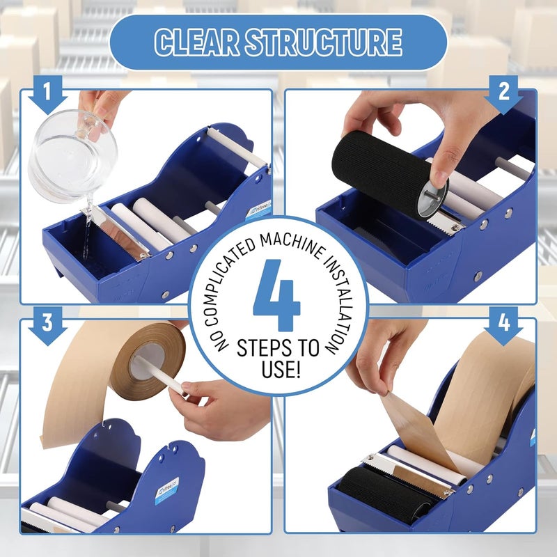 Frifreego Water-Activated Tape Dispenser, Manual Kraft Gum Tape Dispenser, Width Adjustable 1.18-3.15", Light Weight & Portable Packing Tape Dispenser Set, Blue - Image 2